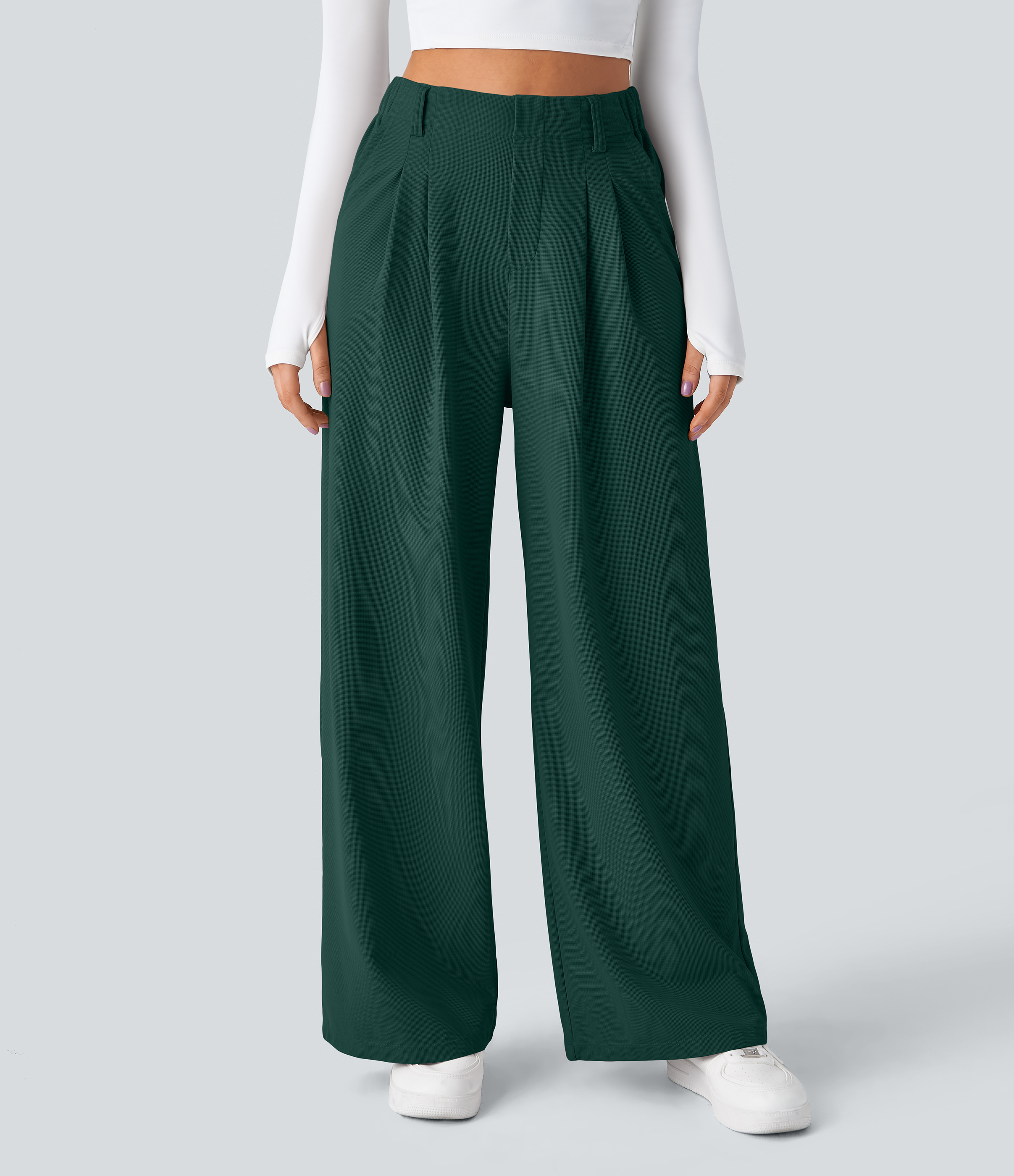 Forest Biome High-Waisted Pleated Wide-Leg Waffle Work Pants with Pockets - 3