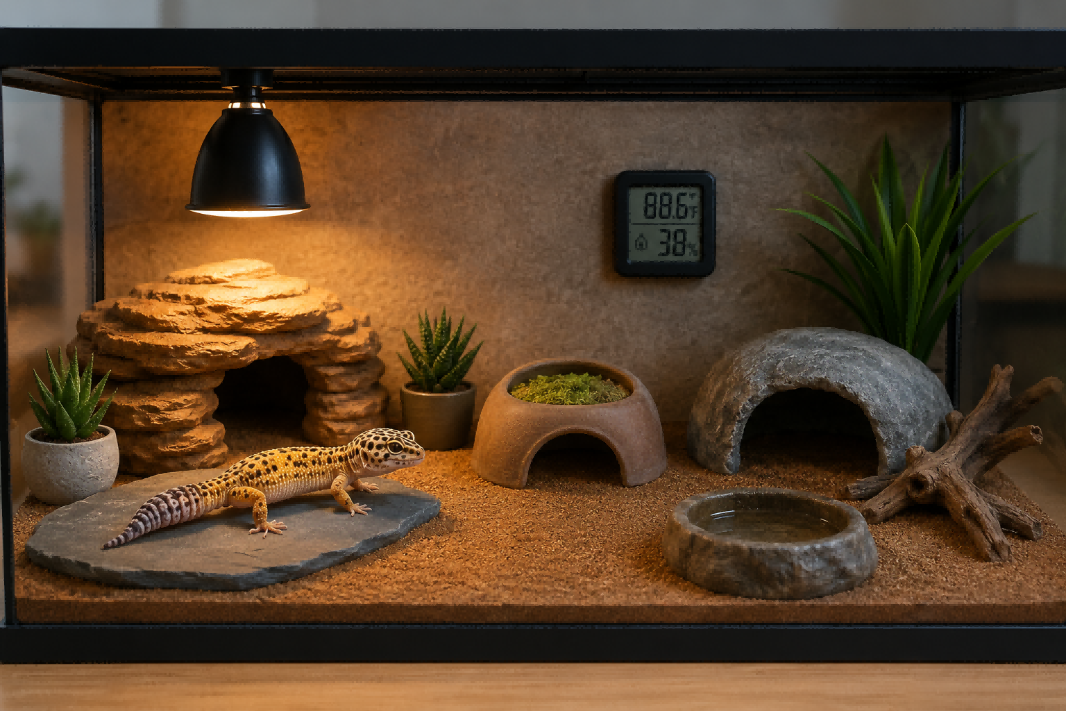 Leopard gecko enclosure temperature and humidity setup with warm side, cool side, humid hide, digital thermometer-hygrometer, and infrared surface thermometer.