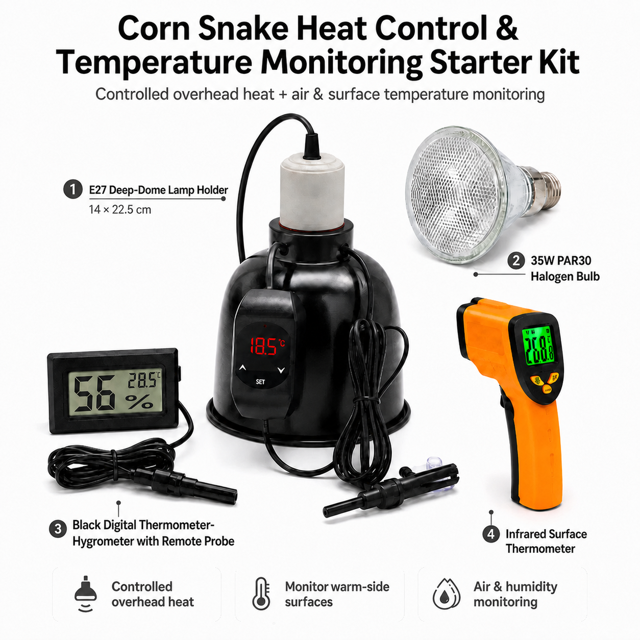 Corn Snake Heat Control & Temperature Monitoring Starter Kit with four included components: black E27 deep-dome lamp holder with PID controller, 35W PAR30 halogen heat bulb, black digital thermometer-hygrometer with remote probe, and infrared surface thermometer.
