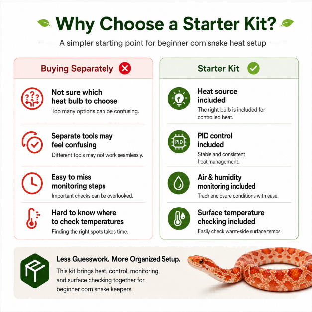 An infographic titled 'Why Choose a Starter Kit?' compares buying a heat bulb separately versus using a starter kit for a beginner corn snake heat setup. The left panel, 'Buying Separately,' lists drawbacks like confusion over which bulb to choose and missing monitoring steps.