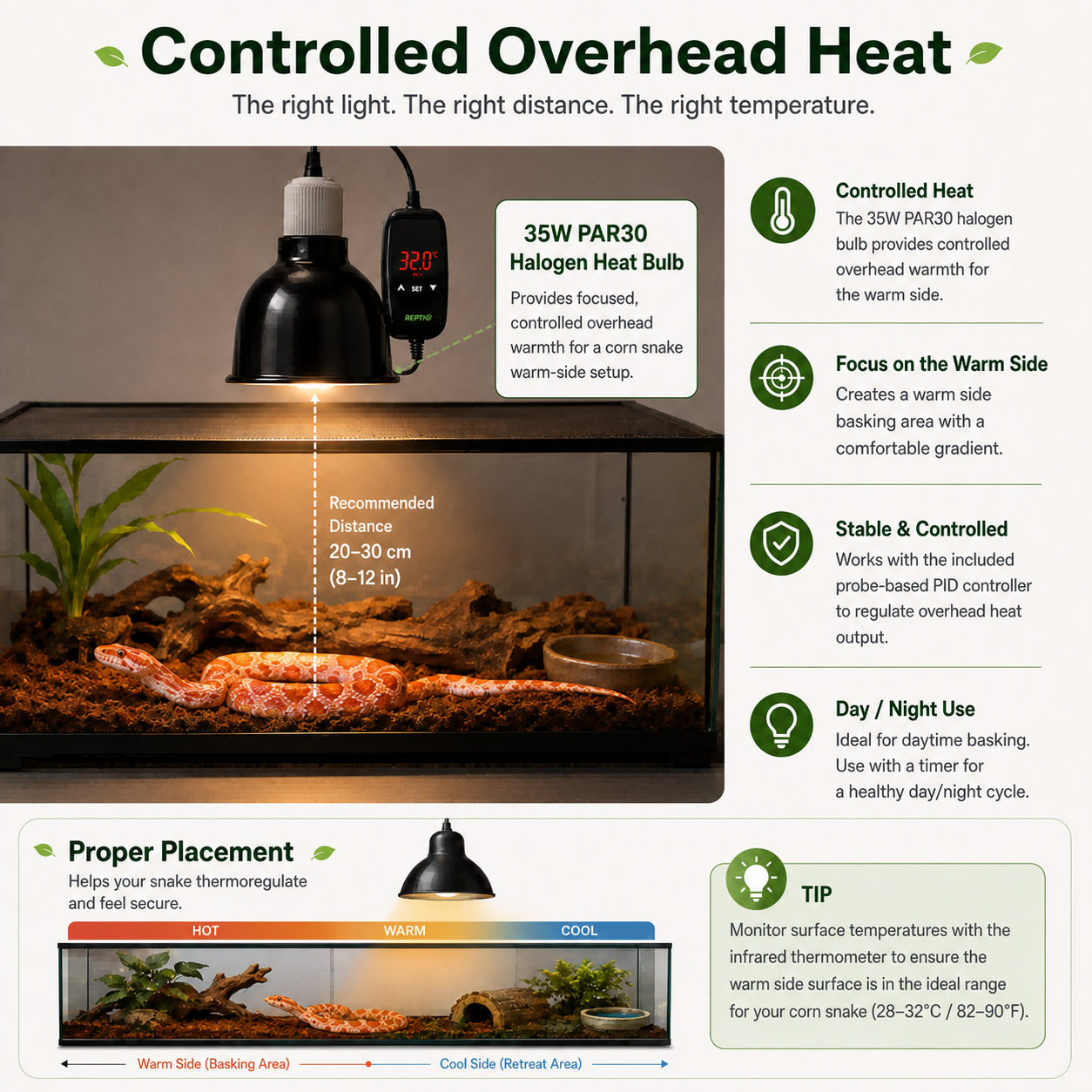 Controlled overhead corn snake warm-side setup with a 35W PAR30 halogen heat bulb, probe-based PID regulation, recommended lamp distance, and surface temperature checks.