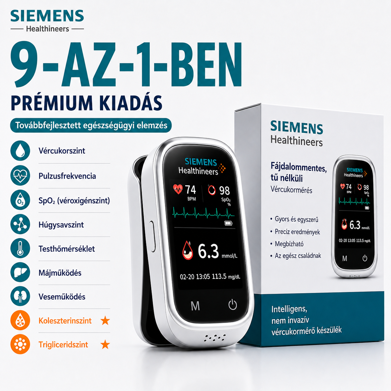🩸 Siemens™ 11 az 1-ben szúrásmentes vércukormérő Szúrás nélkül • Tesztcsíkok nélkül • Eredmény mindössze 5 másodperc alatt
