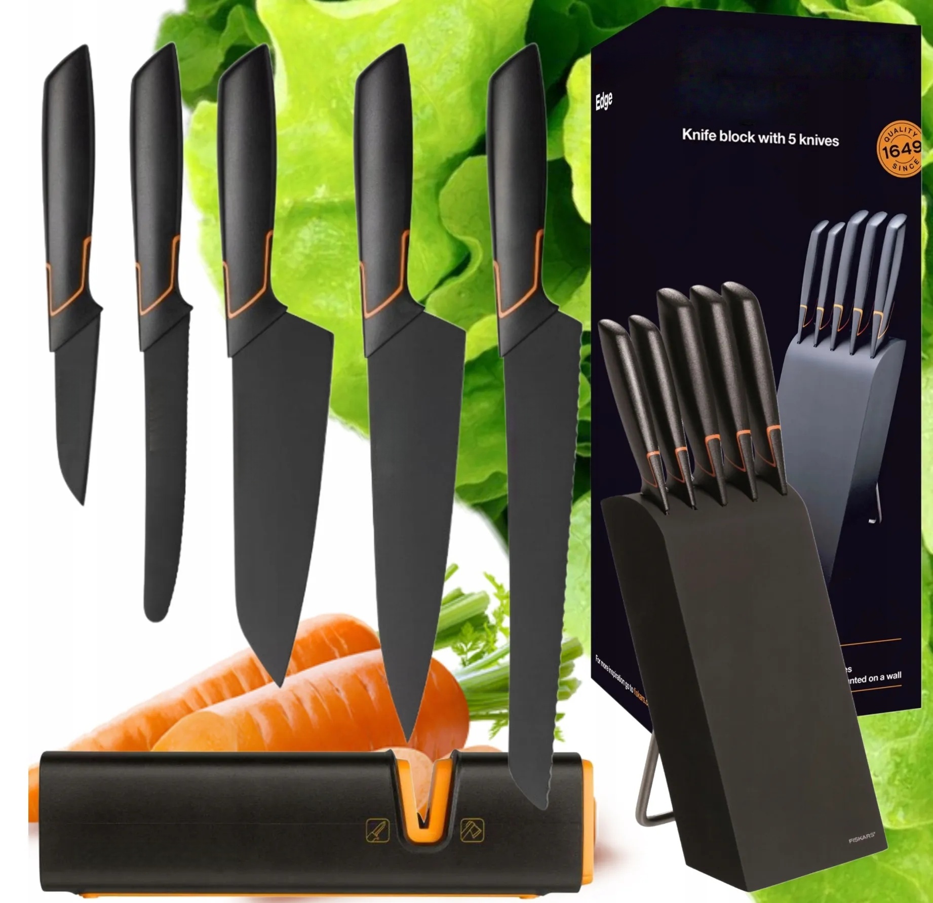 🍽️Limitált kiadás: FISKARS® 5 DB-OS KÉSKÉSZLET FISKARS EDGE BLOKKBAN, ÉLES KONYHAKÉS + ÉLEZŐ SZETT🍽️