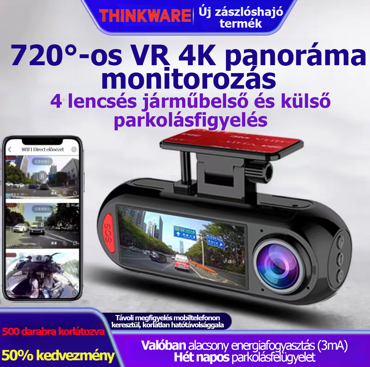 Thinkware 720°-os panoráma autós kamera 4K Sentinel 360°-os panoráma jármű belső és külső parkolásfigyeléssel 24 órás távirányítású mobiltelefon 2025 új modell