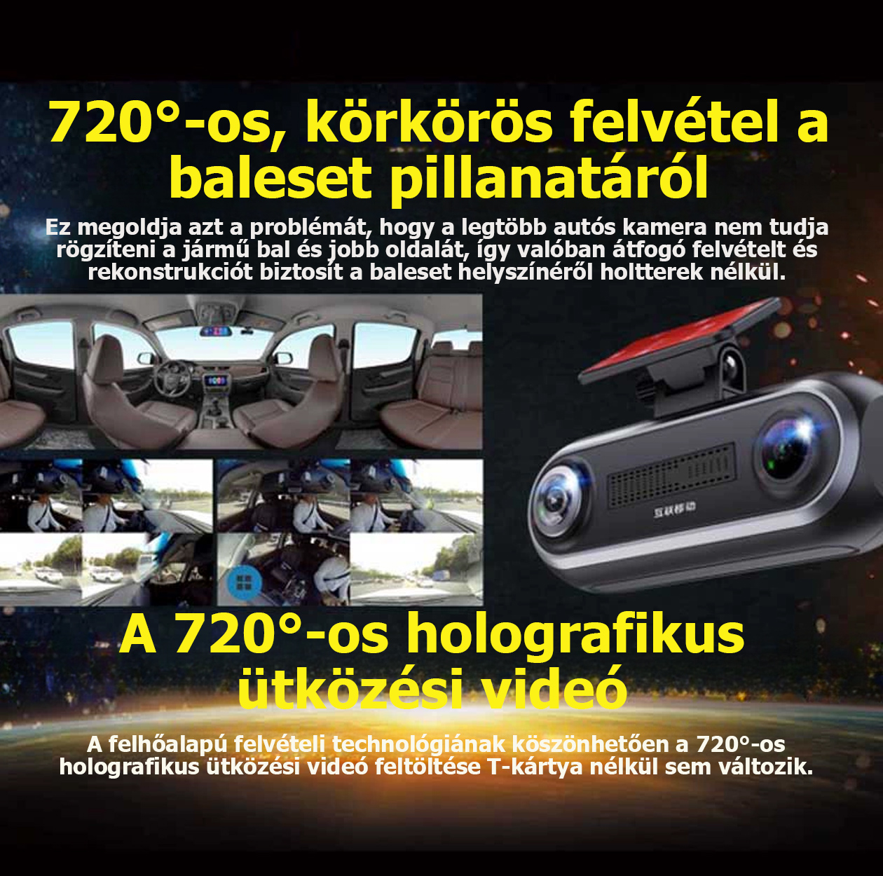 720°-os panoráma autós kamera 4K Sentinel 360°-os panoráma jármű belső és külső parkolásfigyeléssel 24 órás távirányítású mobiltelefon 2025 új modell