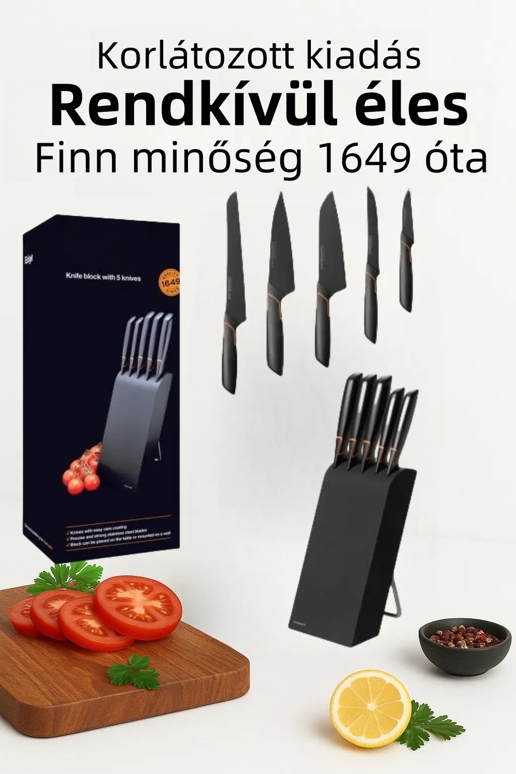 🍽️Limitált kiadás: FISKARS® 5 DB-OS KÉSKÉSZLET FISKARS EDGE BLOKKBAN, ÉLES KONYHAKÉS + ÉLEZŐ SZETT🍽️