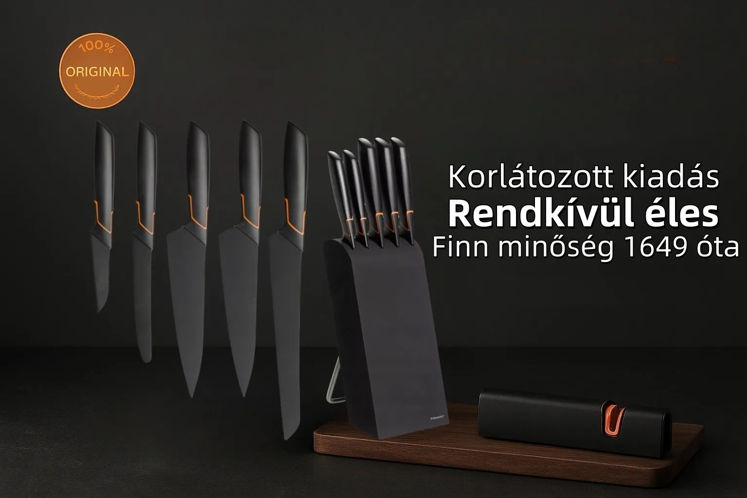 🍽️Limitált kiadás: FISKARS® 5 DB-OS KÉSKÉSZLET FISKARS EDGE BLOKKBAN, ÉLES KONYHAKÉS + ÉLEZŐ SZETT🍽️