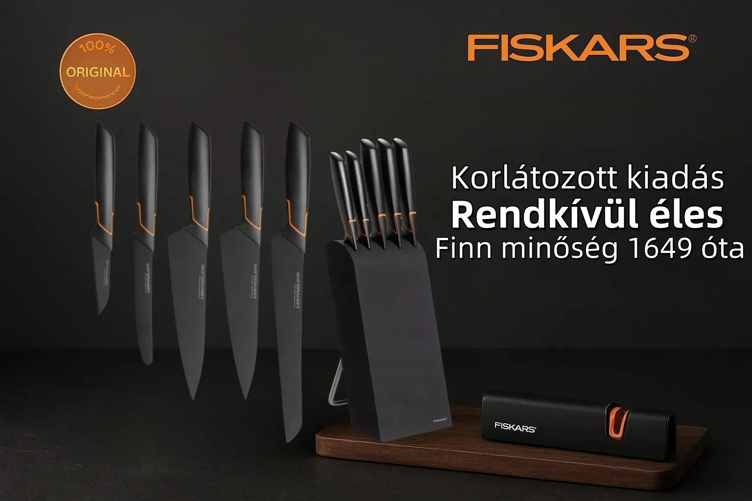 🍽️Limitált kiadás: FISKARS® 5 DB-OS KÉSKÉSZLET FISKARS EDGE BLOKKBAN, ÉLES KONYHAKÉS + ÉLEZŐ SZETT