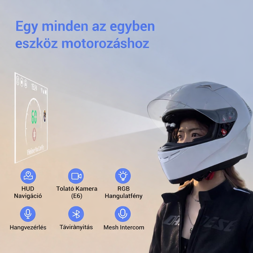 E6+ Motorkerékpár sisak HUD, Head-up kijelző, Bluetooth, GPS, CarPlay, Android Auto, Mesh Intercom, Tolatókamera, Távirányító, Zajcsökkentés, RGB lámpák, IP66 minden sisakhoz (E6+)