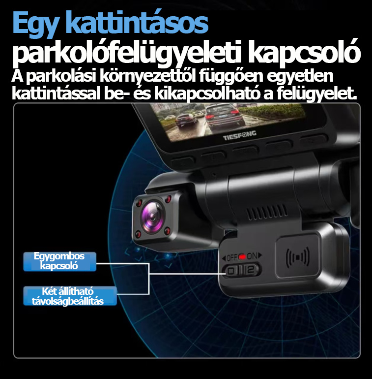 4K-s, négylencsés, őrszem üzemmódú autós kamera, parkolásfigyelés, 24 órás karcolásvédelem, 360 fokos panorámanézet, hangvezérlés.