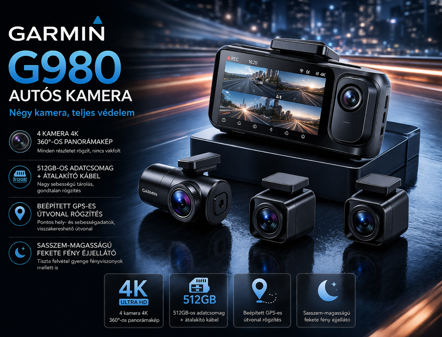 G980 Autós Kamera – 4 Kamerás 360° Védelem, 4K Ultra HD Rögzítés