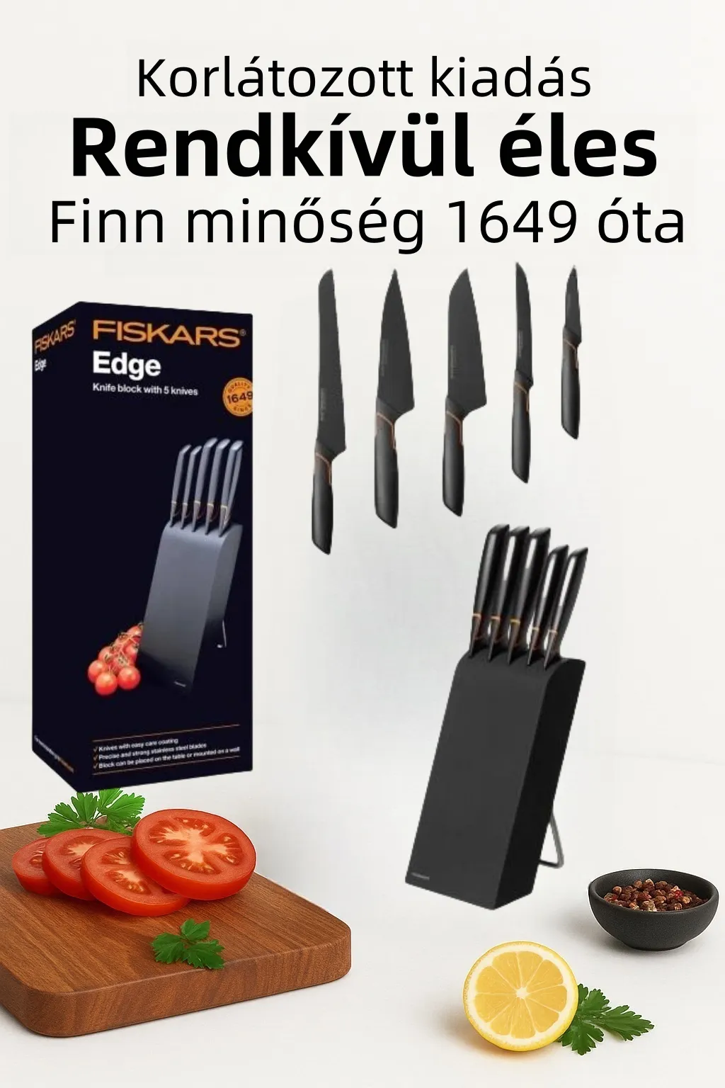 🍽️Limitált kiadás: FISKARS® 5 DB-OS KÉSKÉSZLET FISKARS EDGE BLOKKBAN, ÉLES KONYHAKÉS + ÉLEZŐ SZETT