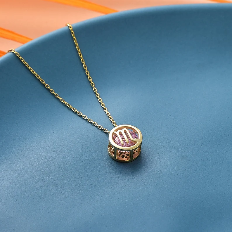 🌟🌈 Colier zodiac exclusiv din aur de 18k cu piatră unică de naștere✨🎁 (unisex)