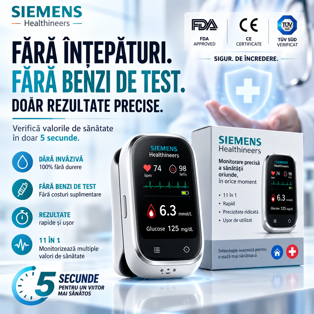 🩸 Siemens™ 11-în-1 – Fără ace. Fără benzi. Rezultate în doar 5 secunde.  Monitorizarea glicemiei, mai simplă și mai confortabilă ca niciodată.