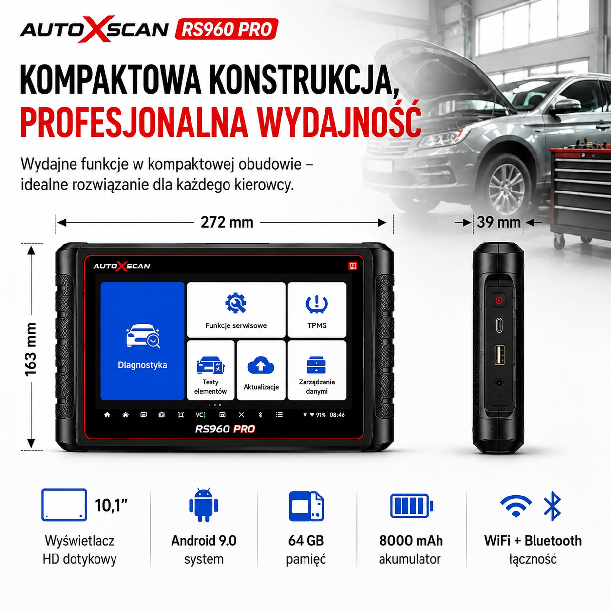 AUTOXSCAN RS960 PRO to profesjonalne urządzenie do diagnostyki samochodowej, które obsługuje pełne skanowanie systemów, analizę usterek oraz diagnostykę i programowanie TPMS, umożliwiając szybkie i precyzyjne wykrywanie oraz usuwanie usterek w pojazdach.