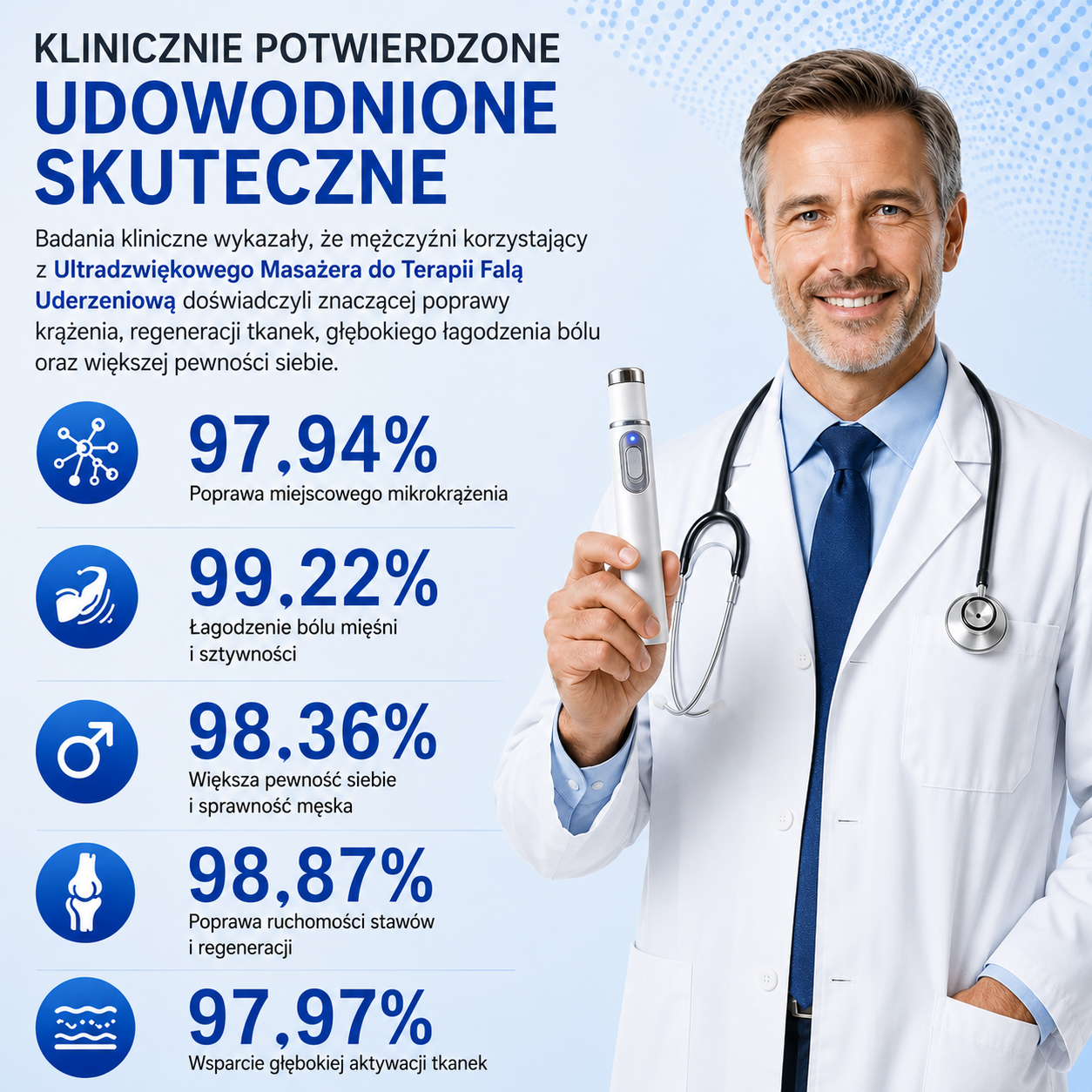 Zaawansowana terapia falą akustyczną wspiera zdrowie tkanek prącia, poprawia twardość erekcji, wytrzymałość oraz pewność siebie mężczyzn, jednocześnie pomagając łagodzić ból mięśni, sztywność stawów i dolegliwości ścięgien.