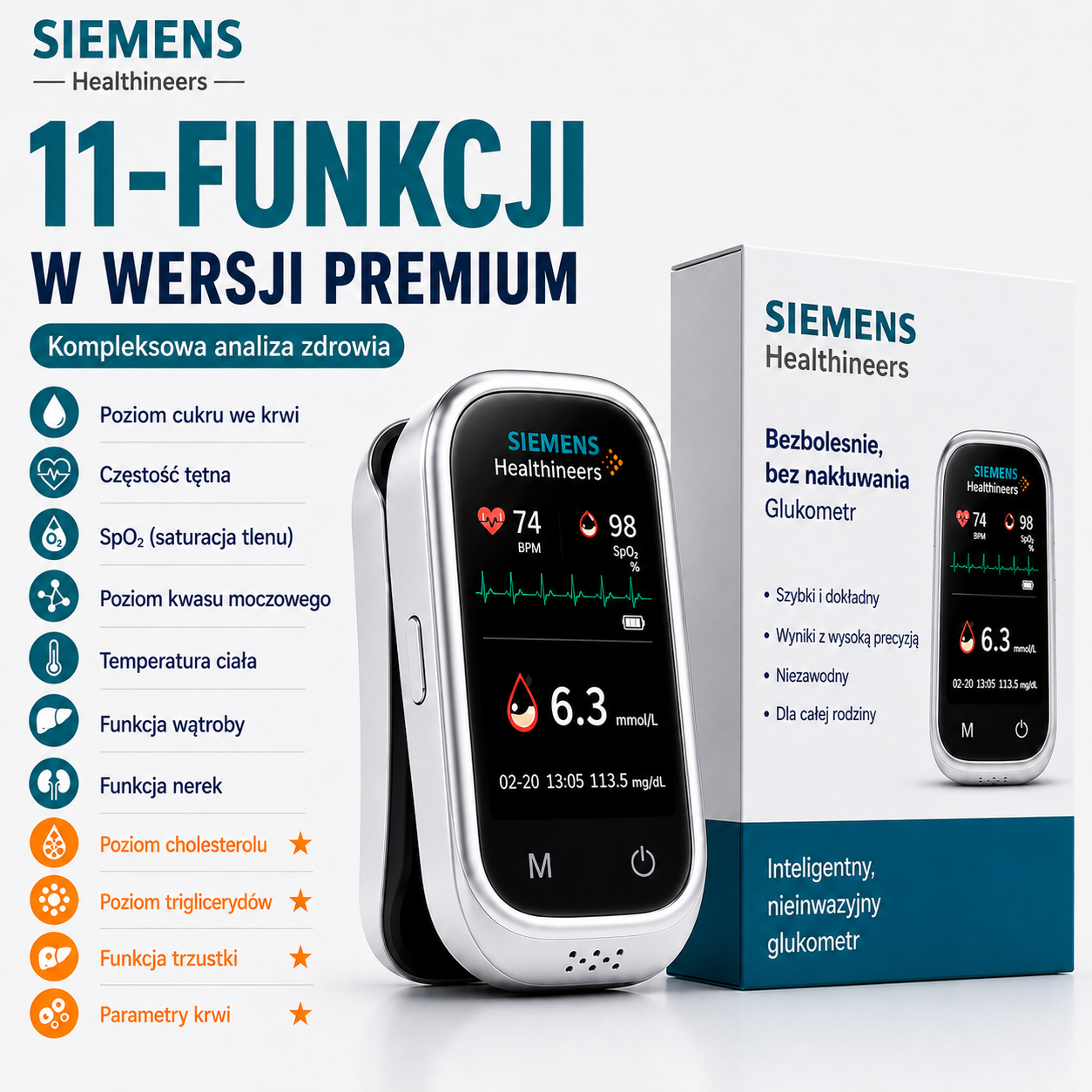 🩸 Siemens™ 11w1 bezinwazyjny glukometr Bez nakłuwania • Bez pasków testowych • Wynik już w 5 sekund