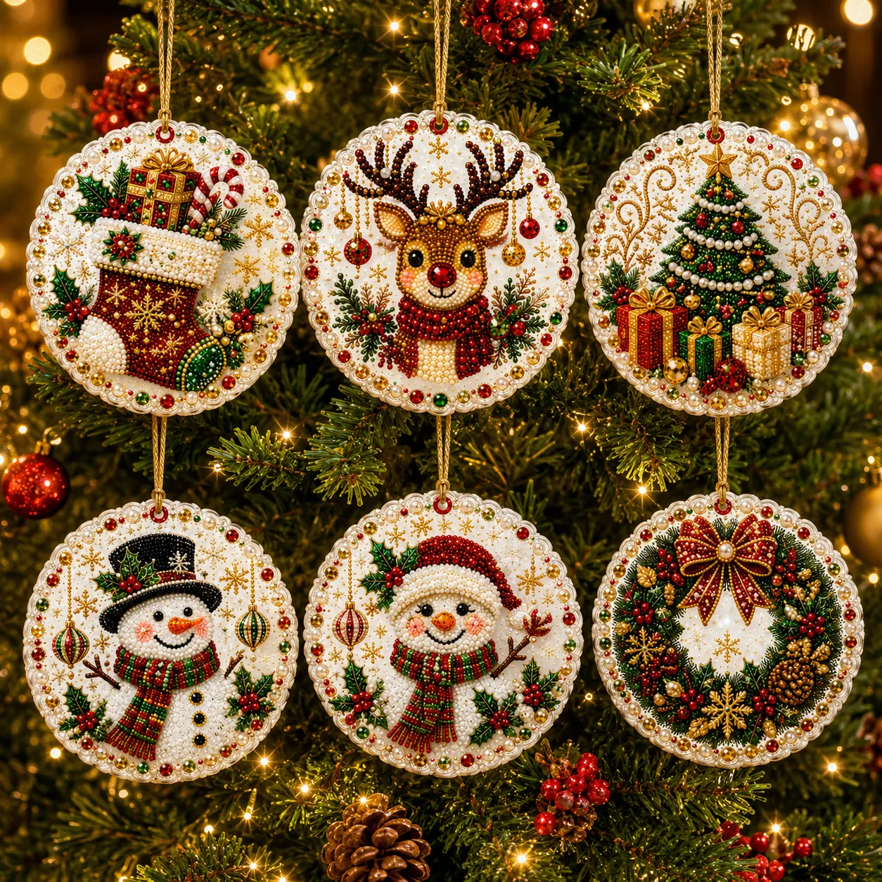 6 Pcs Christmas Wooden Ornaments DIY Pearls Diamond Painting Kit Rhinestone Art Pendants with Hemp Rope for Holiday Tree Decor