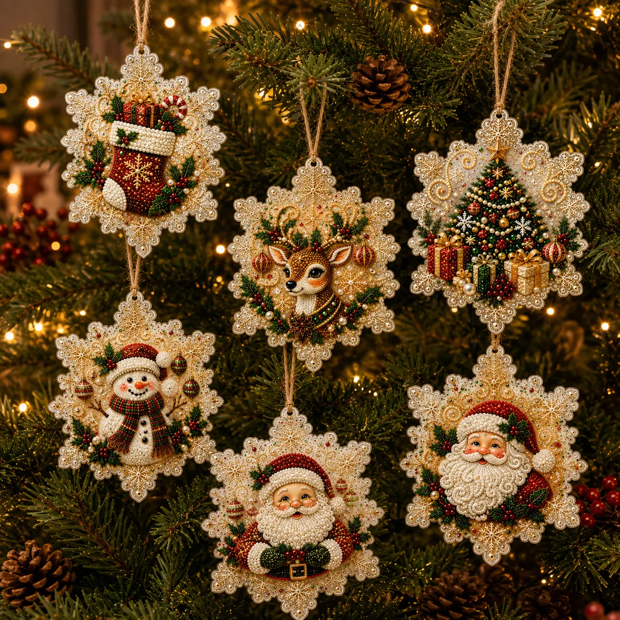 6 Pcs Christmas Wooden Ornaments DIY Pearls Diamond Painting Kit Rhinestone Art Pendants with Hemp Rope for Holiday Tree Decor
