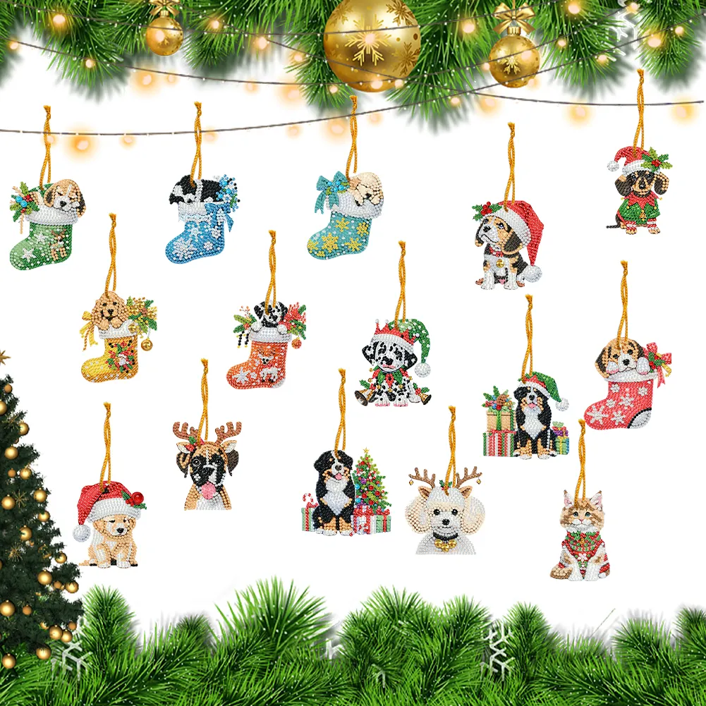 15Pcs DIY Christmas Atmosphere Dog Diamond Painting Pendant (Double-Sided)