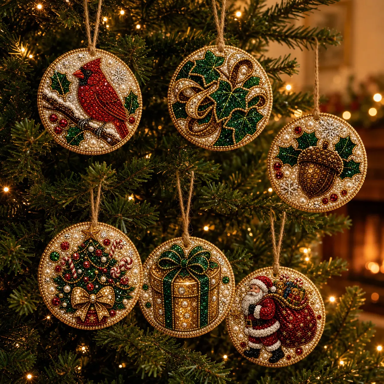 6pcs Classic Xmas Pearl Art Diamond Painting Pendant