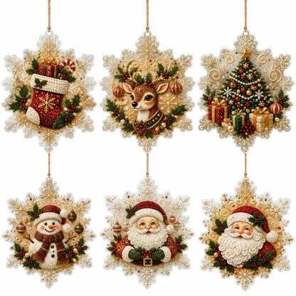 6 Pcs Christmas Wooden Ornaments DIY Pearls Diamond Painting Kit Rhinestone Art Pendants with Hemp Rope for Holiday Tree Decor
