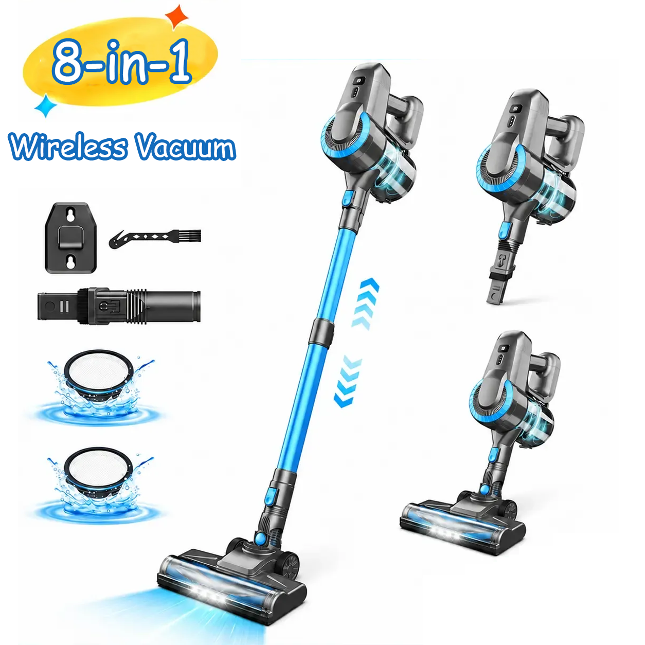 8-in-1 Cordless Stick Vacuum Cleaner, 26kPa Strong Suction Handheld Vacuum