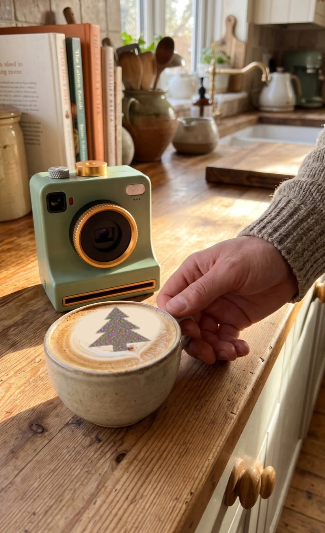 Latte art camera beside coffee with a digitally styled Christmas tree design