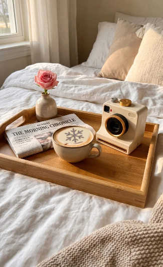 Breakfast-tray coffee with a digitally styled snowflake design