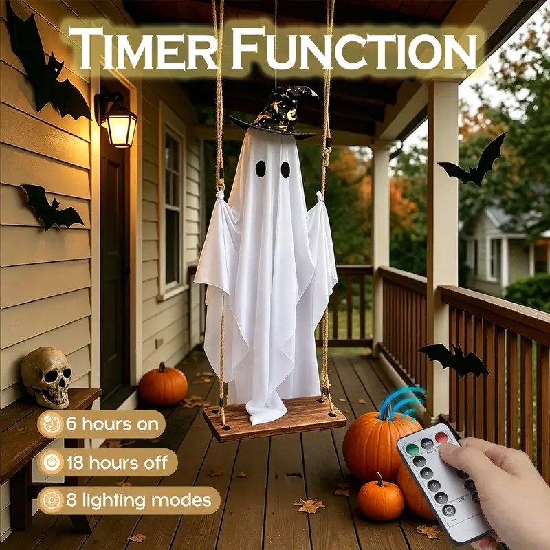 5FT Hanging Ghost Swing with Remote Control String Lights – Halloween Outdoor Decoration