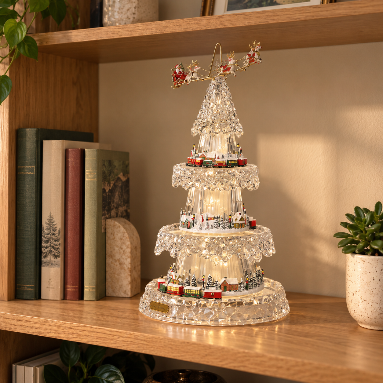 Transparent Christmas tree with miniature trains displayed on a wooden shelf