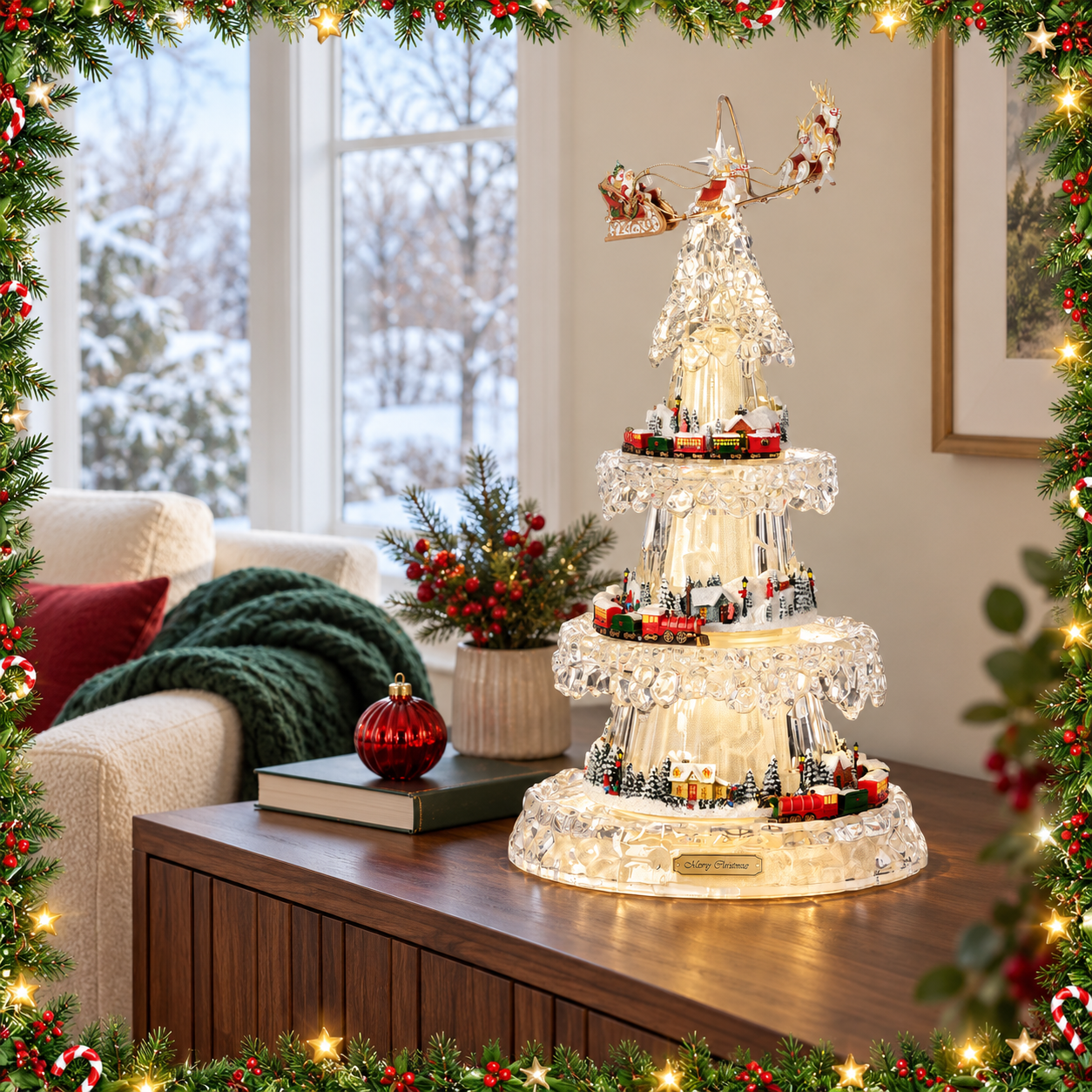 Lighted musical Christmas tree beside a snowy window