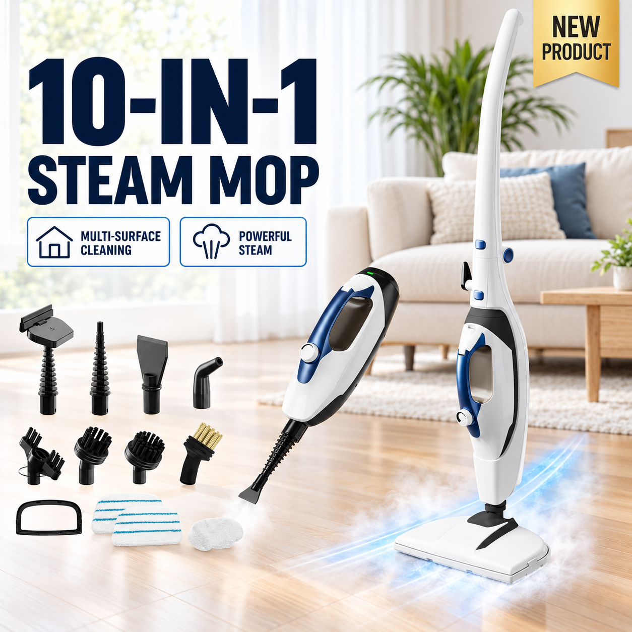 10-in-1 Electric Rotating Steam Mop - Eco-Friendly Antibacterial Cleaning Supplies, 3 Adjustable Steam Levels, 5m Cord, Fast Heat-Up, Attachments for Floors, Kitchen, Tiles, Grease & Grime Remover