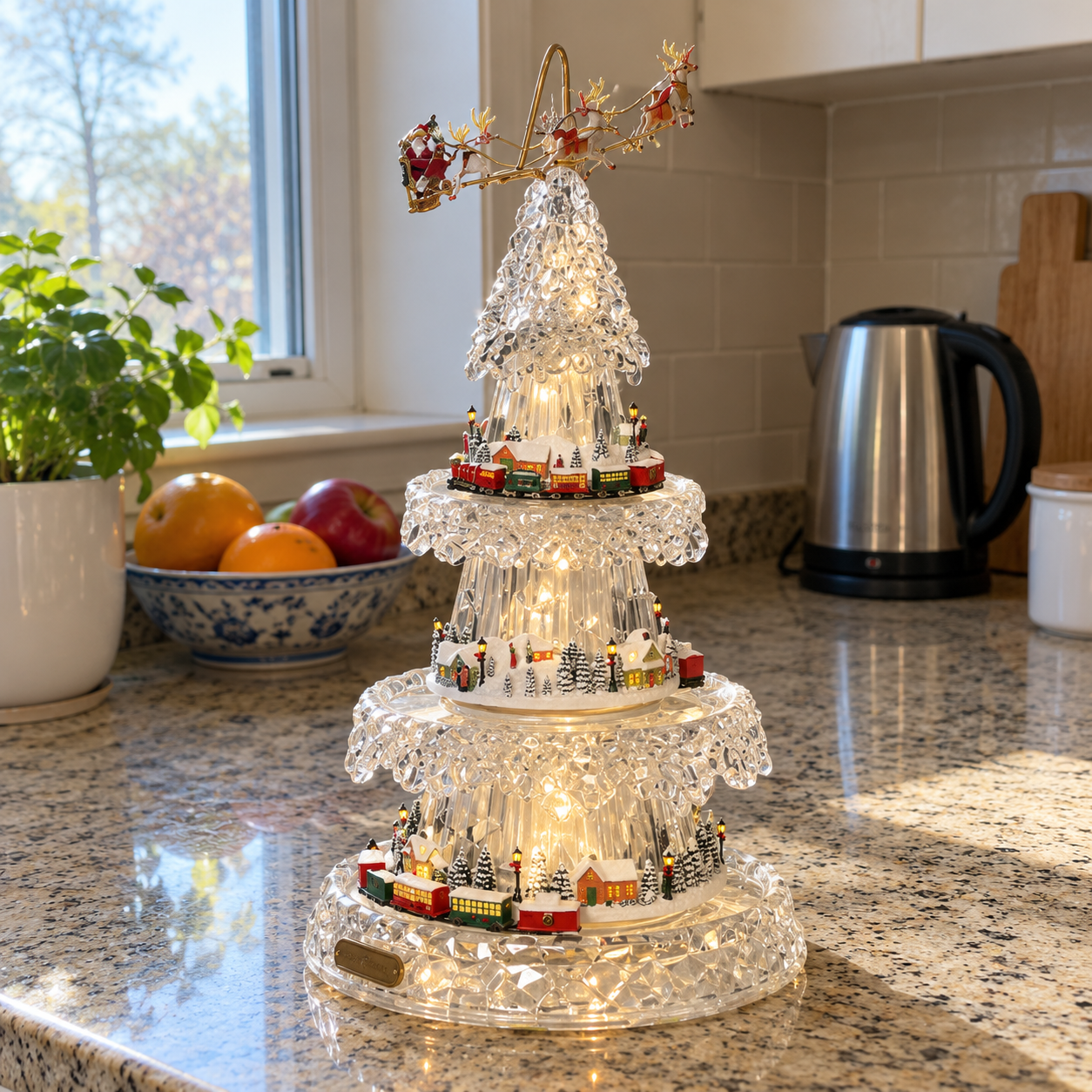 Lighted four-tier Christmas tree on a kitchen countertop in daylight