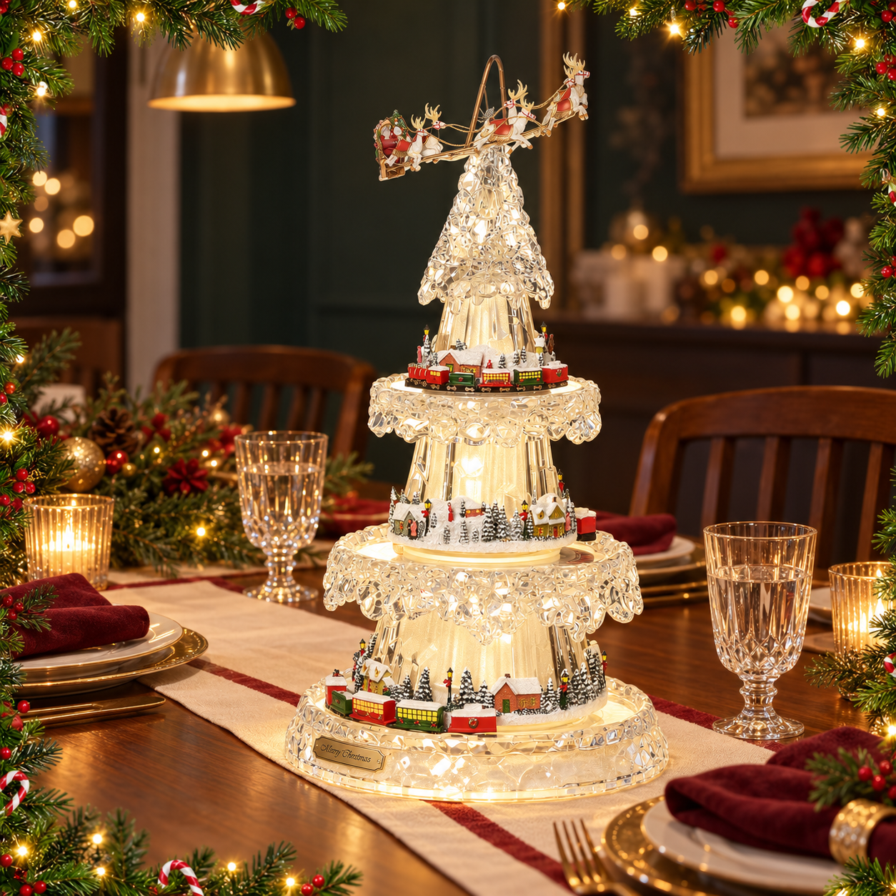 Lighted musical Christmas tree on a festive dining table