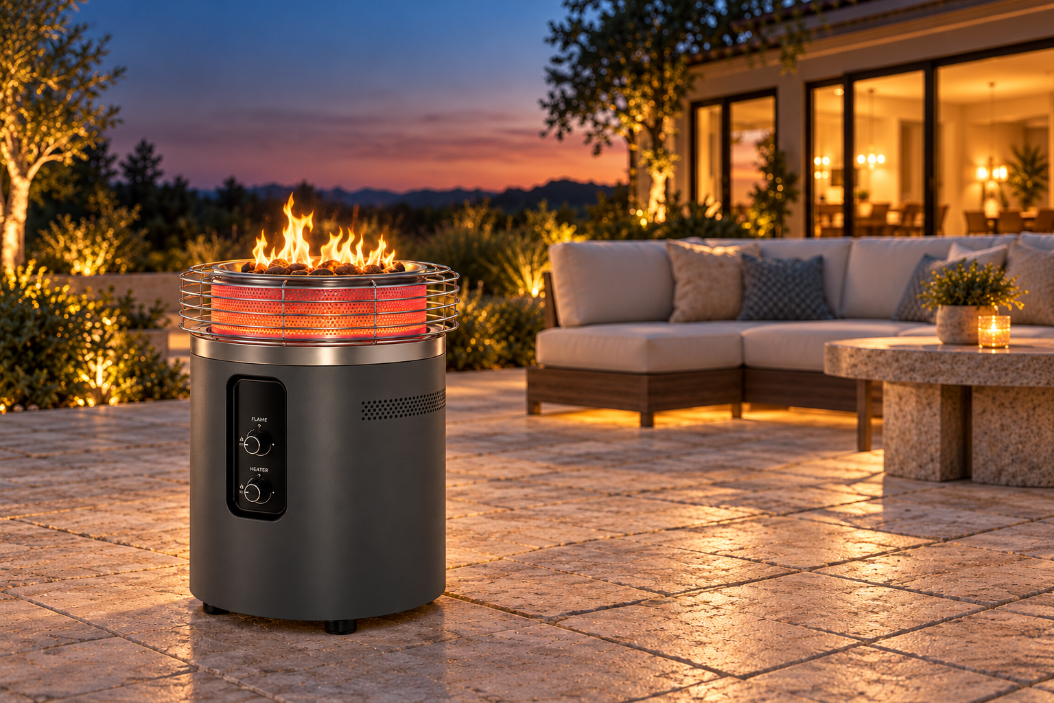 Outdoor heater glowing beside patio seating at dusk