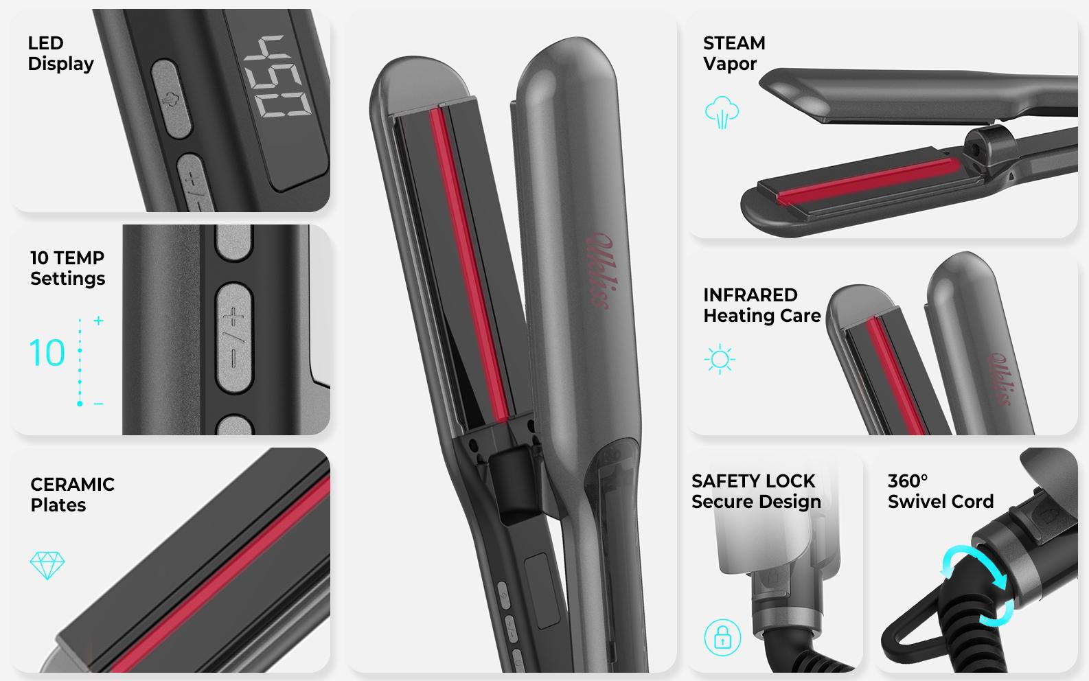 UKLISS LissVapor Unisex Hair Straightener & Curling Tool - US Plug, Adjustable, 2-Year Warranty, Steam Protection, Infrared Protection, Frizz Control, Softening & Smoothing, for All Hair Types