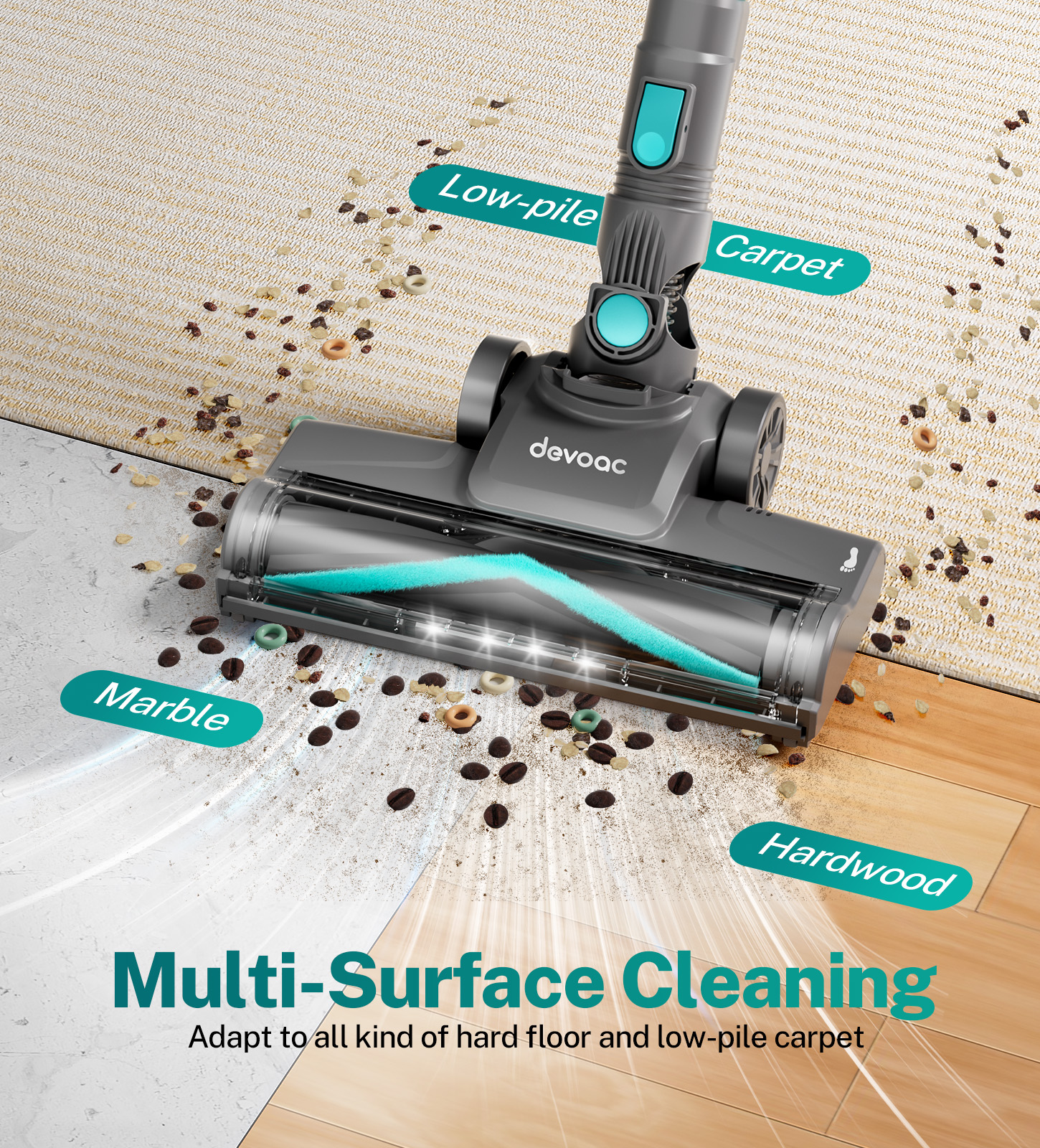 Devoac vacuum cleaner on multiple surfaces