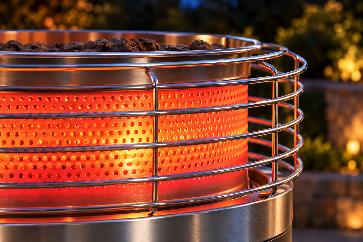 Close-up of the curved heating ring glowing behind its silver guard