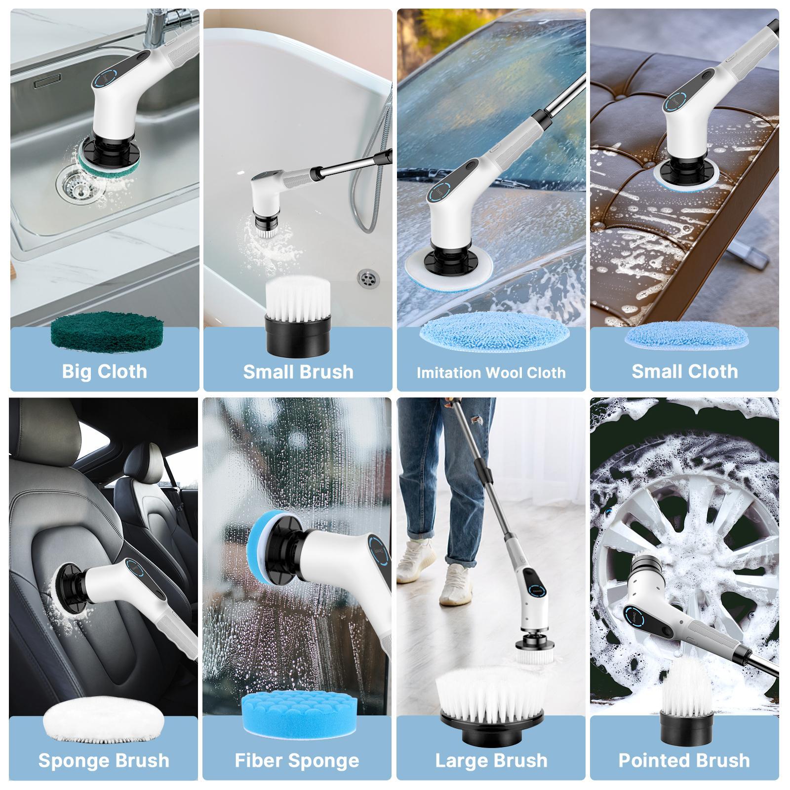Dovety Cordless Handheld Electric Spin Scrubber Cleaning Set - 8 Replacement Heads, 2 Adjustable Low/High Speeds for Tasks, Extension Handle, Fast Charge Tool for Bathroom, Car, Households