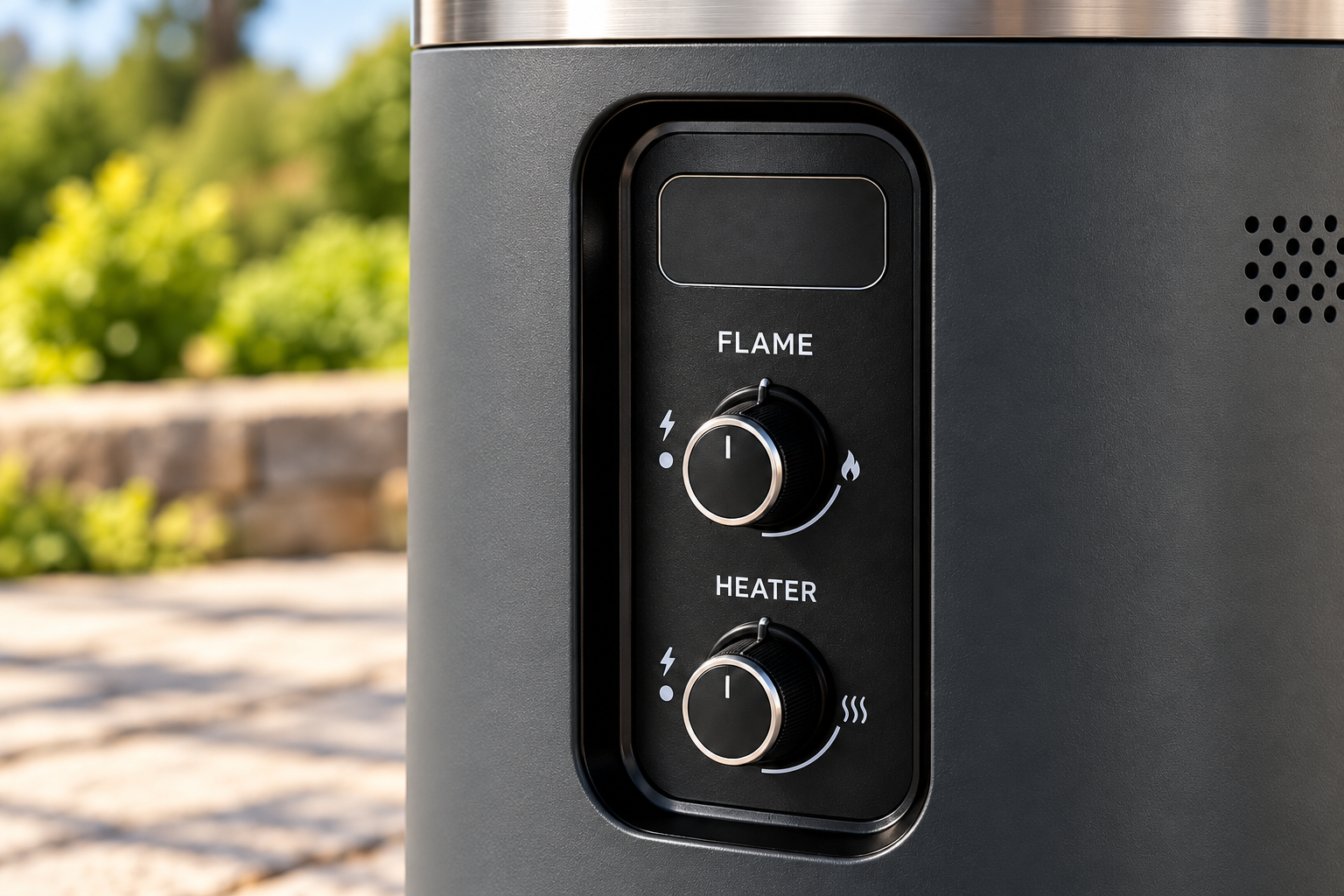 Close-up of the separate flame and heater control dials