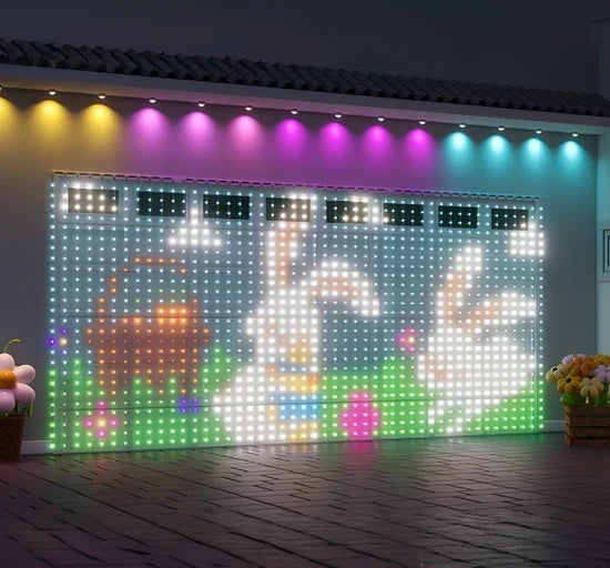 Animated Christmas curtain lights on a garage