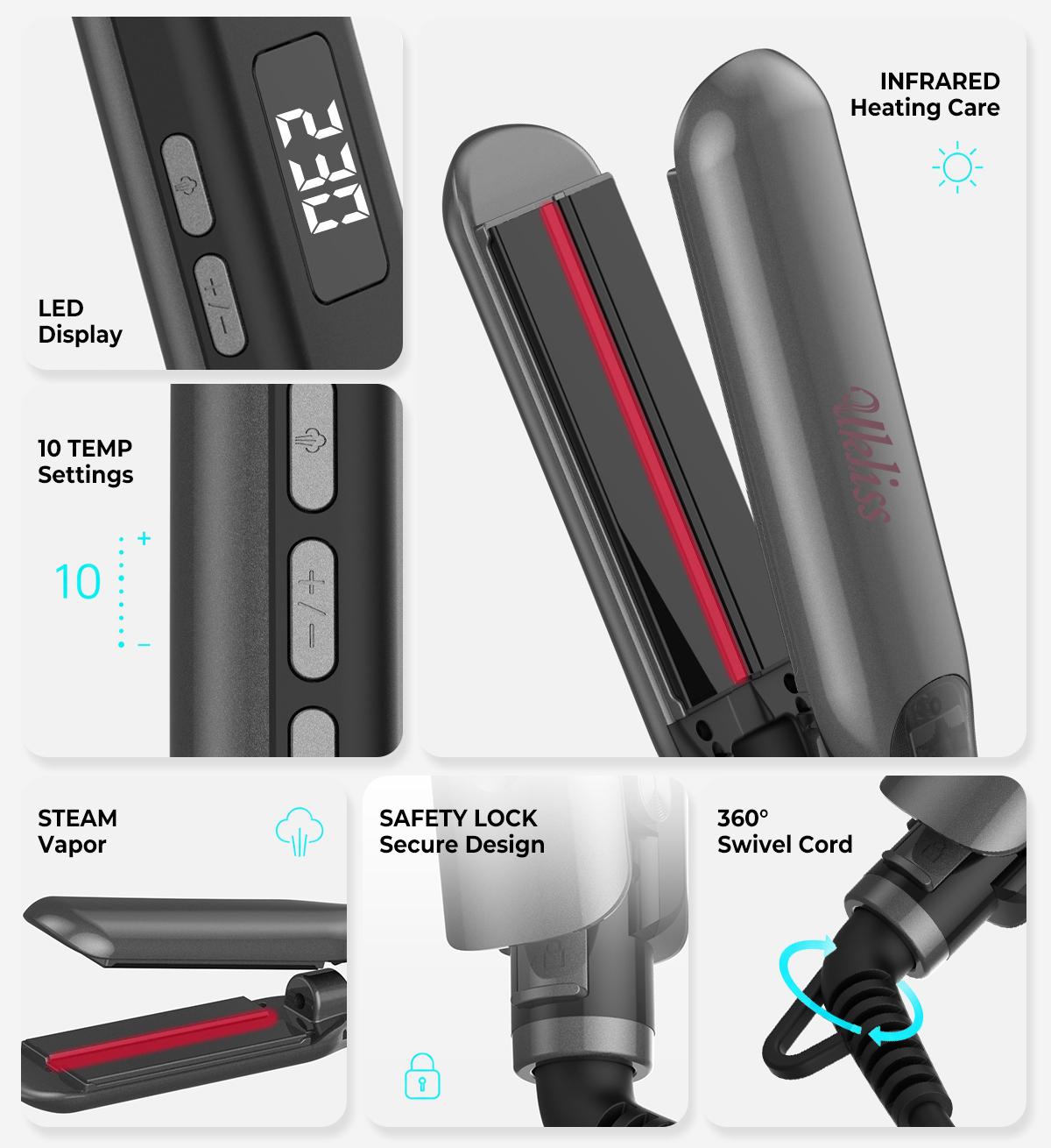 UKLISS LissVapor Unisex Hair Straightener & Curling Tool - US Plug, Adjustable, 2-Year Warranty, Steam Protection, Infrared Protection, Frizz Control, Softening & Smoothing, for All Hair Types