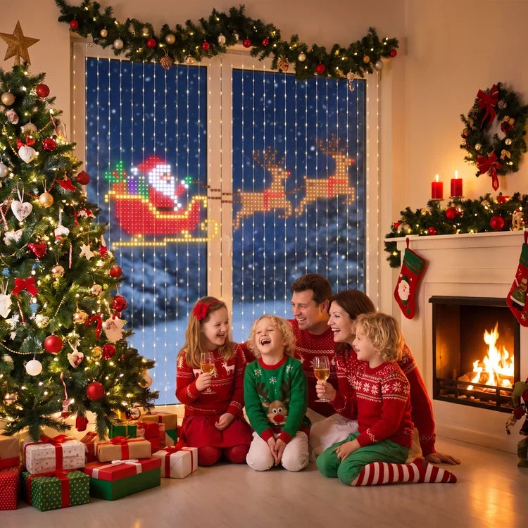 Christmas LED curtain lights in a family living room