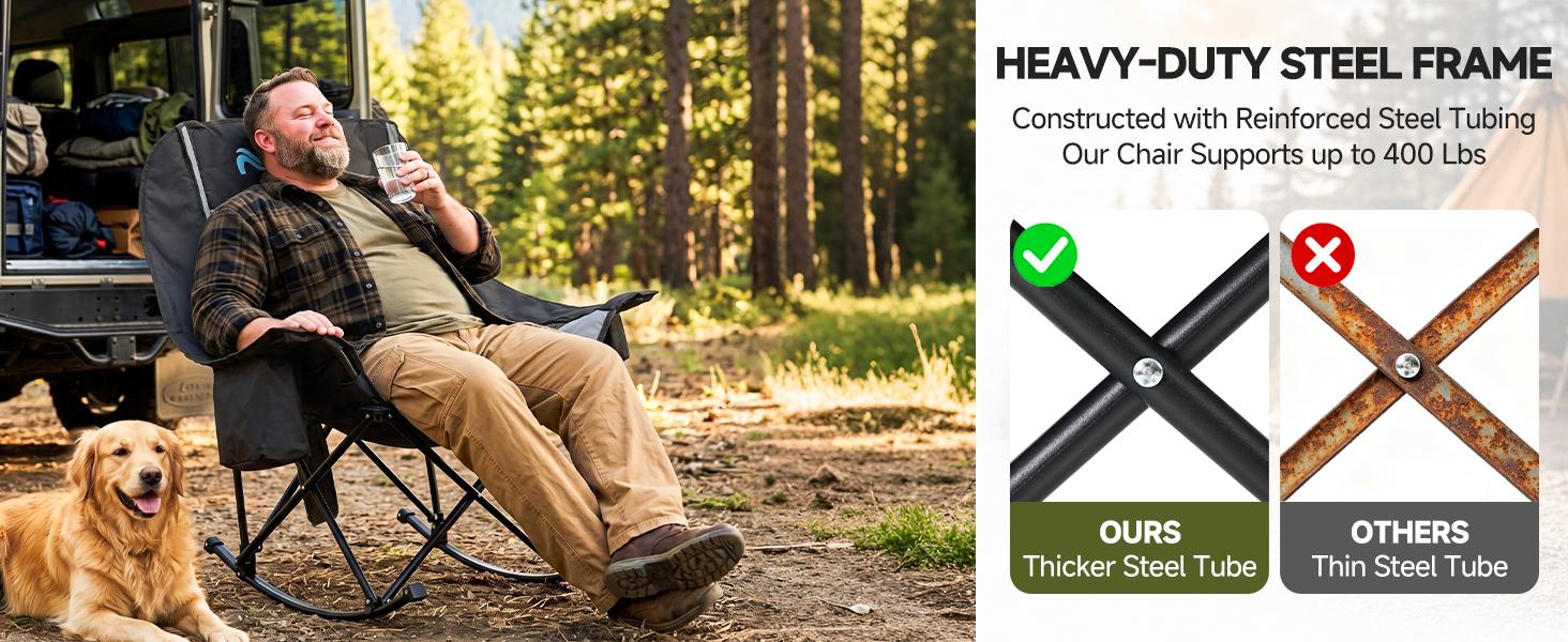 ABORON Heated Rocking Chair, XXL Oversized Folding Outdoor Camping Chair, Padded Lawn Chair - Oxford Fabric, Full Body Cushion, Built-in Cooler, Side Pocket, 400lb Capacity, for Balcony, Patio,Sports Events,Camping Gear【Battery Not Included】sohochic