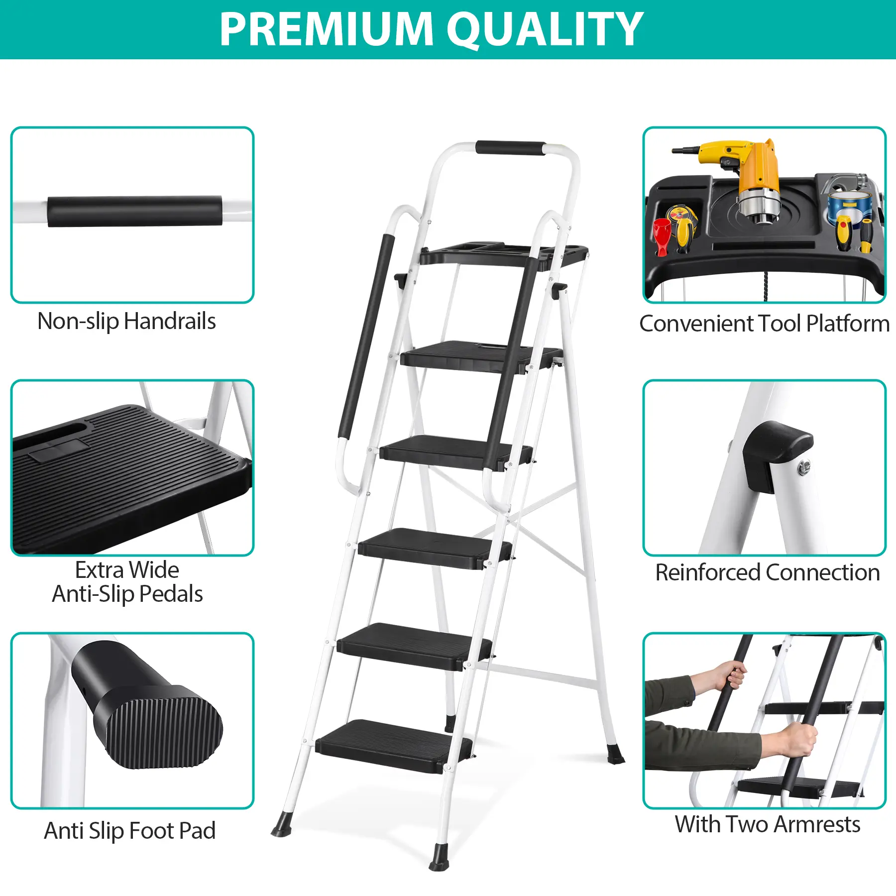 Folding Q195 Steel Ladder (3/4/5-Step) - Non-Slip Wide Pedal Step Stool, Soft Foam Handrails, Tool Tray Ready, Tool-Free Assembly, Compact Storage, 330lb Capacity, 20 lbs, 27.1*21.1*49in, Organizing, Office Use, Home Improvement Ladders
