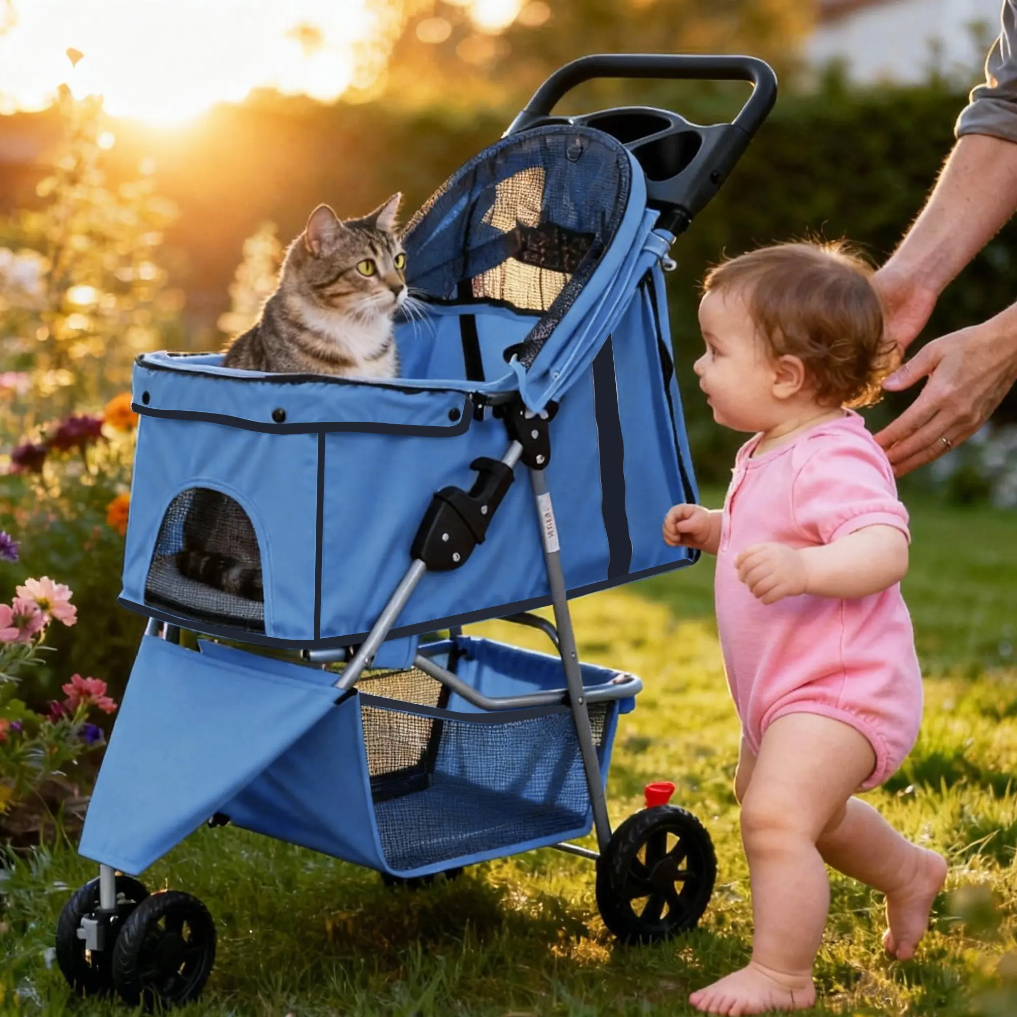 🐱🐶3-Wheel Pet Stroller, Foldable Breathable Pet Carrier for Small & Medium Dogs Cats