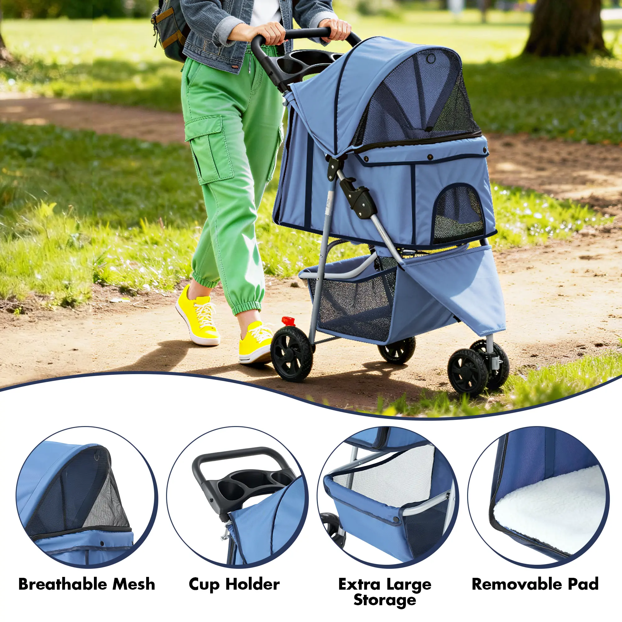 🐱🐶3-Wheel Pet Stroller, Foldable Breathable Pet Carrier for Small & Medium Dogs Cats
