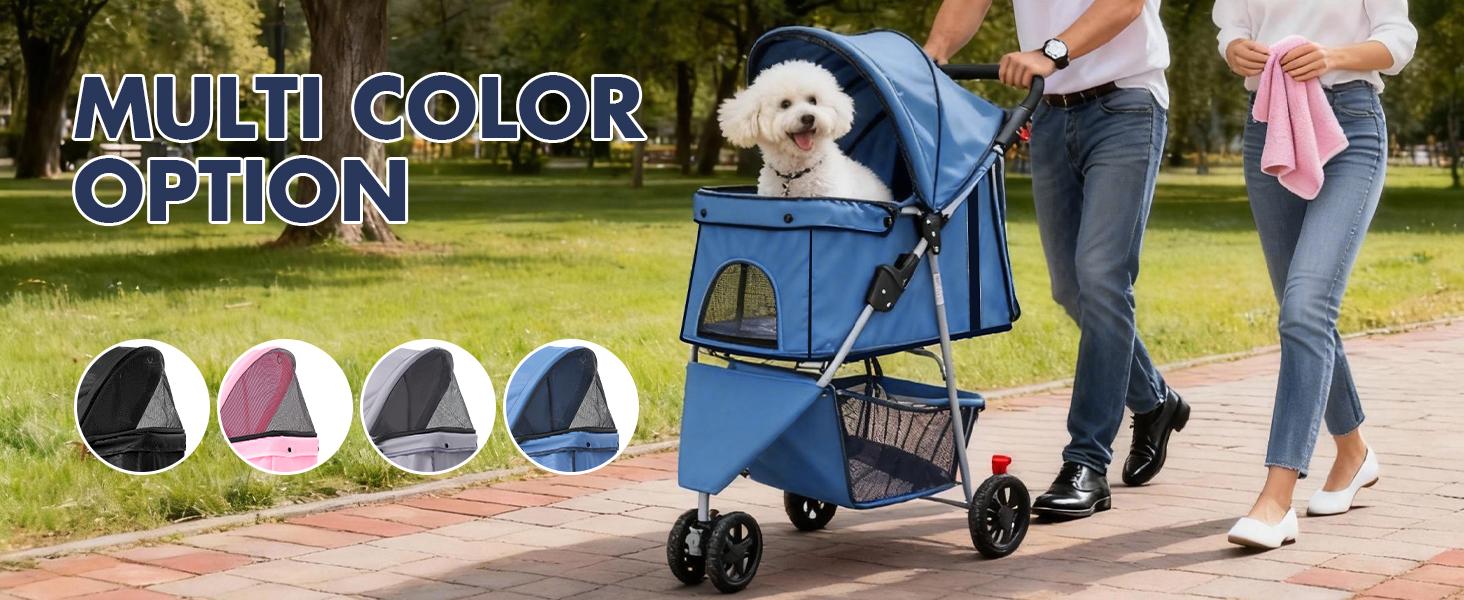 Sweetcrispy 3-Wheel Pet Stroller, 360° Swivel Front 6.3" Smooth Wheels, Oxford Fabric Breathable Mesh Carrier Bag, 11 lbs Lightweight Metal Frame, Waterproof Foldable Design, Storage Basket, Cup Holder Ready, Ideal for Small/Medium Dogs & Daily Park Walks