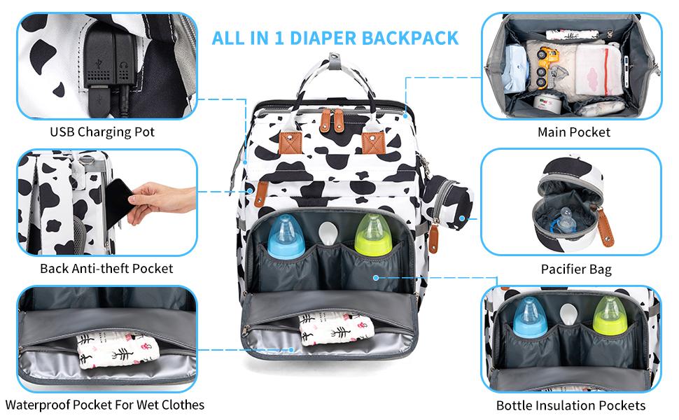 Kabaqoo Diaper Bag Backpack for New Moms - Multifunctional, Waterproof, Large Capacity, Lightweight, Portable, Multi-Compartment, Foldable with Mosquito Net for Newborn Travel & Everyday Use